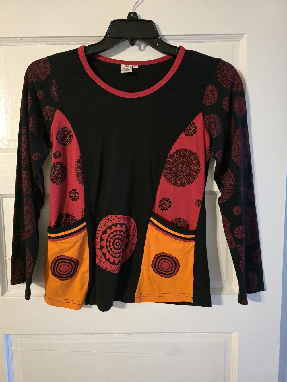 Women's Long Sleeve Patchwork Tee in Black, Red & Orange Medium